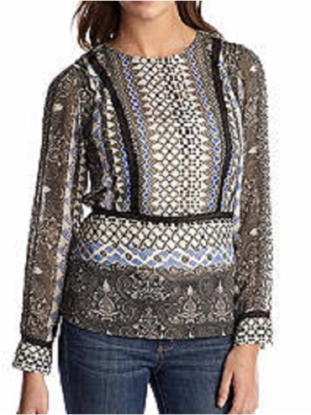 Nine West Vintage America Blue White Black Lace Trim Sheer Boho Blouse Size L